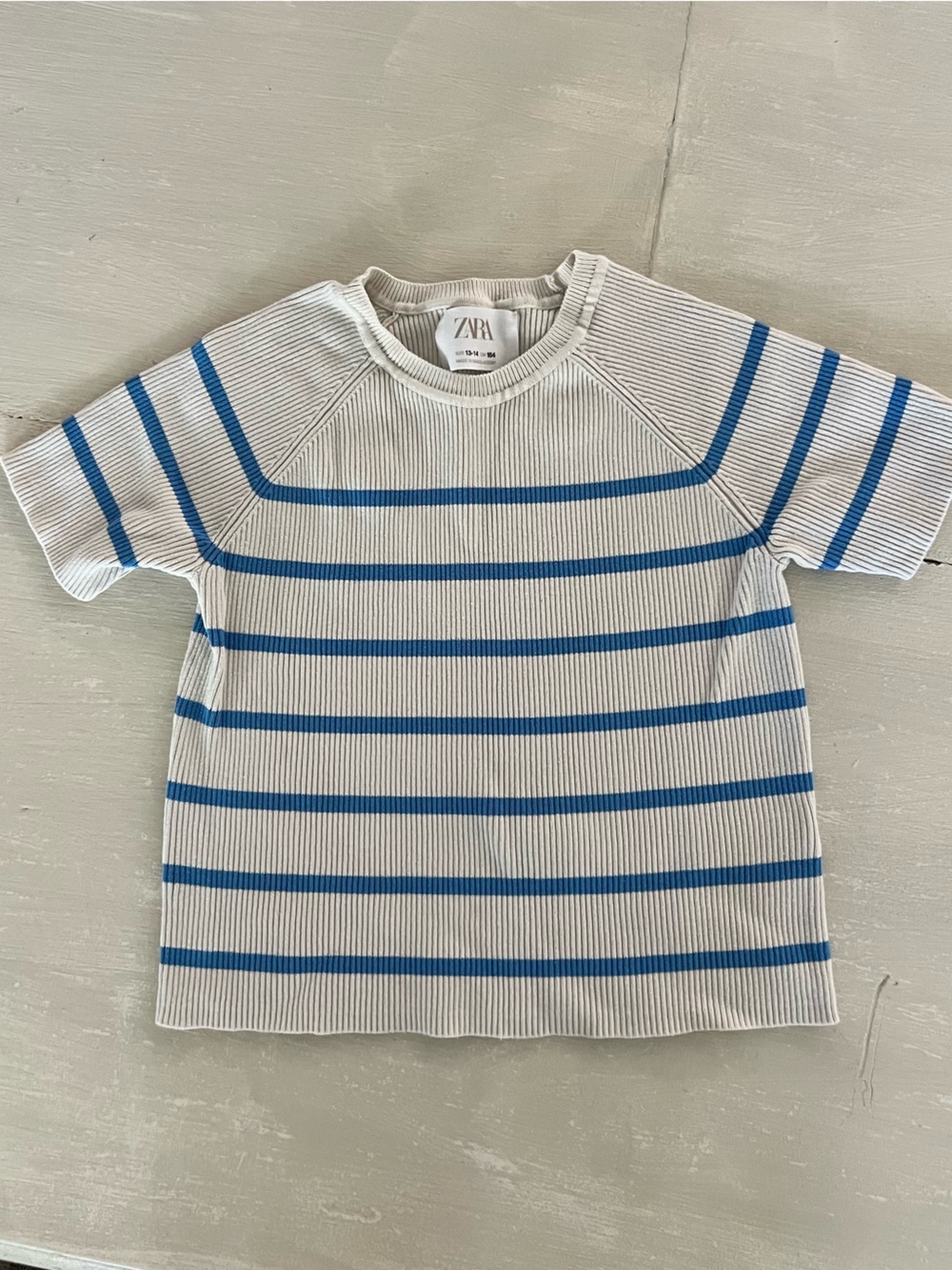 Zara Kids Ribbed Striped Top Blue & Ecru Girls 13-14